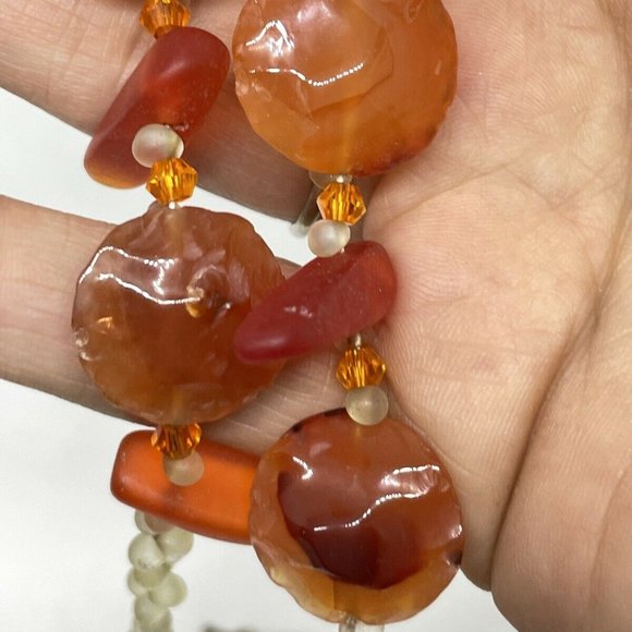 Vintage Jewelry - Gorgeous Carnelian Stone And Sea Glass Beaded 16” Necklace